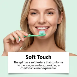 Detail view of the soft tongue cleaning gel on a toothbrush providing gentle oral care.