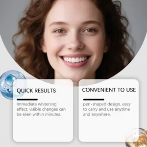 Teeth whitening gel detail view, quick results and portable pen design for easy daily care.