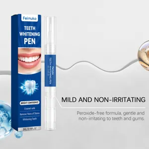 Vue détaillée du stylo blanchisseur de dents Feimuko avec formule douce et design portable.