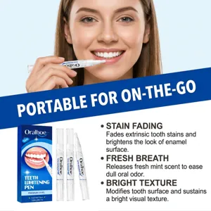 Teeth whitening pen detail view showing portable design, whitening gel ingredients and mint flavor.