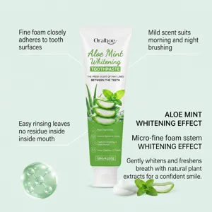 Closeup of Oralhoe aloe mint whitening toothpaste with plant extracts for fresh breath.