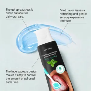Close-up detail of fresh mint tongue cleaning gel texture and squeeze tube design for daily use.