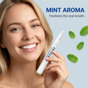 Close-up detail of teeth whitening pen with mint aroma, fresh breath formula and portable design.