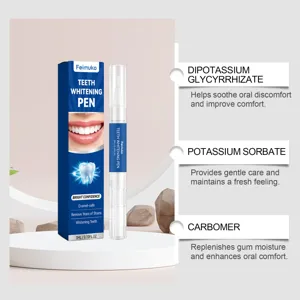 Détail du stylo blanchissant pour les dents Feimuko avec des ingrédients actifs comme le sorbate.