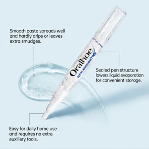 Teeth whitening pen detail view showcasing transparent gel texture and sealed design.