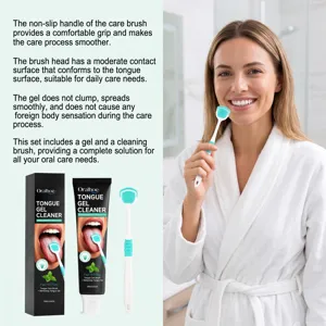 Detail shot of tongue cleaning gel set with ergonomic brush and fresh mint gel for oral care.