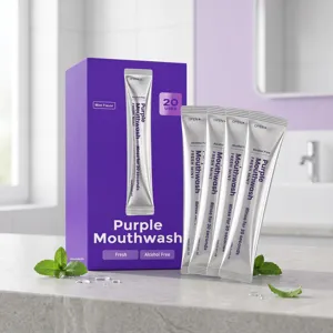 Portable purple mouthwash travel pack with 20 stick sachets, refreshing mint flavor and alcohol free.