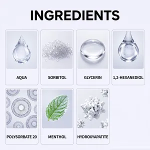 Detailed ingredients chart of refreshing mint mouthwash for clean oral care and breath.