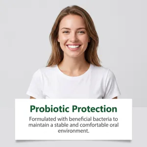 Detailed view of oral care probiotic protection formula for fresh breath and daily dental hygiene.