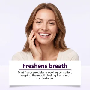 Detail view showing mint flavor breath freshening features and a smiling model for clean teeth.