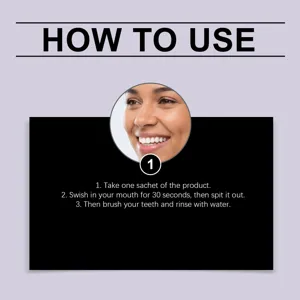 Detailed instruction graphic showing how to use the portable mouthwash step by step.