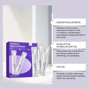 Purple portable liquid mouthwash with 20 sticks for fresh breath and daily oral care.