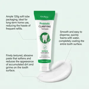 Detailed view of Oralhoe probiotic clarifying toothpaste showing texture and 120g tube.