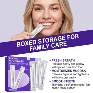 Portable purple mouthwash sticks in box, plant-based breath freshener for daily oral care.