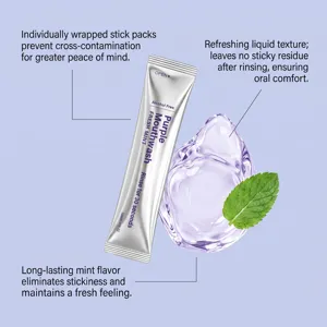 Portable purple mint mouthwash stick pack, refreshing liquid texture for clean oral care.