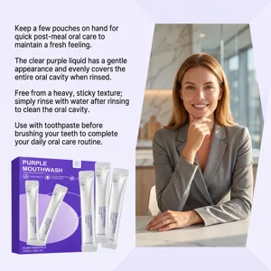 Purple portable mouthwash liquid sticks for fresh breath and daily oral care hygiene routine.