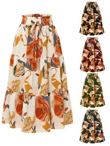 Detail view of the floral tiered long skirt showcasing multi-color variants and elastic waist.