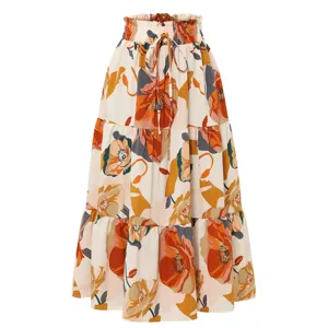 Women's Floral Print Tiered Midi Skirt Elastic High Waist Drawstring Layered Cake Skirt Casual Ruffle Bottom For Summer