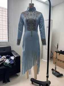 Women Vintage Boho Tribal Floral Zip Long Dress Fringe Hem Casual Long Sleeve Apparel