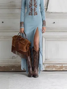 Women Retro Ethnic Floral Print Maxi Dress Tassel Hem Long Sleeve Zipper Front Bohemian Polyester Suede-Look Casual Party Long Dress