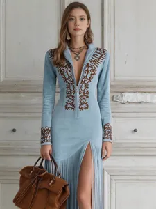 Women vintage bohemian long sleeve zip maxi dress with chic embroidery and fringe split hem.