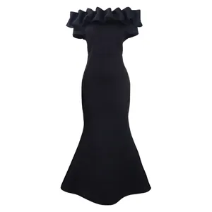 Elegant black off-the-shoulder ruffle trim mermaid evening dress for women party wear.