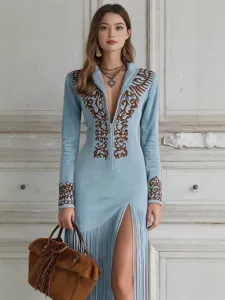 2026 Autumn Vintage Ethnic Fringe Floral Zip Up Women Long Dress Maxi Elegant Wear