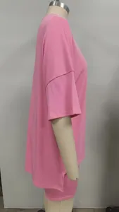 Pink women casual loose short sleeve t-shirt shorts lounge set detail side view display.