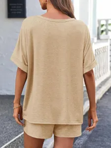 Casual summer women solid color short sleeve t-shirt and shorts two piece set for daily wear
