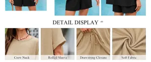 Summer casual lounge set detail featuring crew neck, rolled sleeves, and soft fabric.