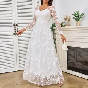 White lace maxi dress long sleeve elegant wedding gown detail view party evening dress