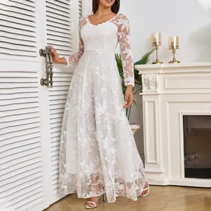 Elegant long sleeve off shoulder white lace bridal wedding dress evening gown detail view.