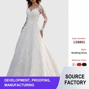 Women Elegant Off The Shoulder Lace Wedding Dress Long Sleeve Bride Gown Floral Embroidered Puff Long Skirt Evening Dress