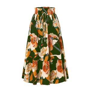 Floral print high waist tiered midi skirt with elastic drawstring waistband for women.