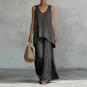 Dark grey sleeveless V-neck top and wide leg pants set detail view for chic daily wear.