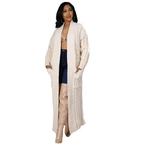 Dames Casual Lange Kabelgebreide Cardigan Losse Open Voorkant Acryl Trui Jas Met Zakken Effen Kleur Herfst Winter Outwear