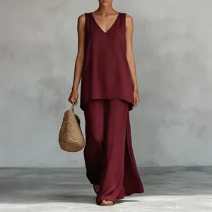 Detailed view of the elegant burgundy sleeveless v-neck top and wide leg pants matching set.