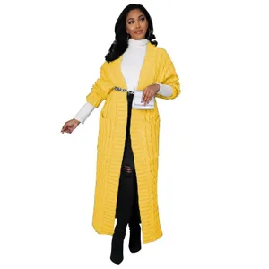Lange gele kabel gebreide cardigan voor vrouwen, casual open trui jas met handige zakken.