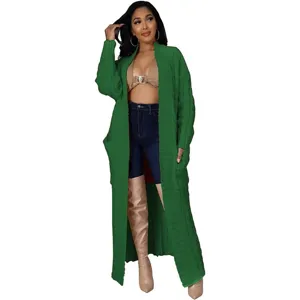Lange groene gebreide vest voor dames, casual open trui met comfortabele diepe zakken.