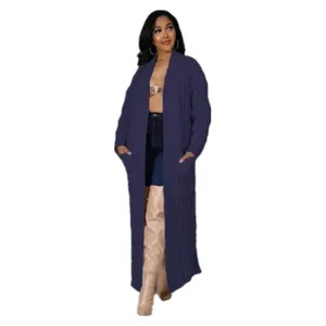 Dames lange kabelbreisel cardigan jas casual losse open voorkant trui met zakken