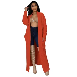 Dames lang oranje gebreid vest casual oversized kabeltruijas met handige zakken voor dames