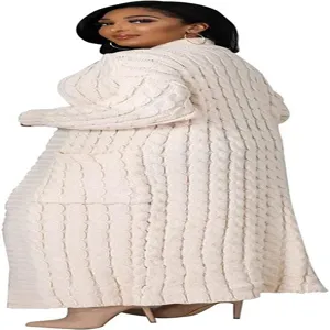 Vrouwen lange kabel gebreide vest cardigan casual losse open bovenkleding met zakken wintermode