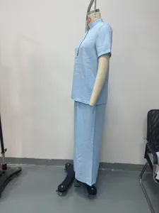 Completo donna casual tinta unita top manica corta e pantaloni lunghi per l'estate