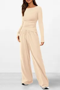 Casual matching set featuring an asymmetric long sleeve top and wide leg pants for women.