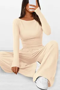 Comfortable long sleeve top and wide leg pants set in beige detail view for daily casual wear.