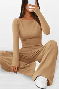 Casual two-piece lounge set featuring a long sleeve top and wide leg pants in khaki.