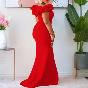 Stunning red off-shoulder ruffle mermaid evening dress, elegant party long maxi gown for women.
