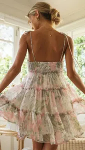 Vue détaillée montrant le dos d'une mini-robe florale à volants avec bretelles fines.
