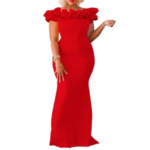 Detailed view of the elegant red off-shoulder ruffle mermaid evening dress texture and fit.
