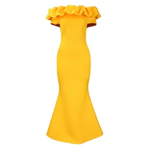 Detailed view of bright yellow off-shoulder mermaid dress with elegant ruffle trim design.
